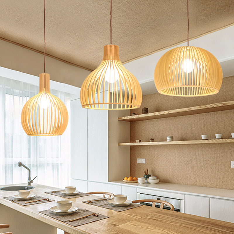 Lâmpada Suspensa Asiática de Bambu com Design Alargado/Hemisférico/Cebola 1 Luz Bege Pequena/Grande Luminária Suspensa para Sala de Jantar