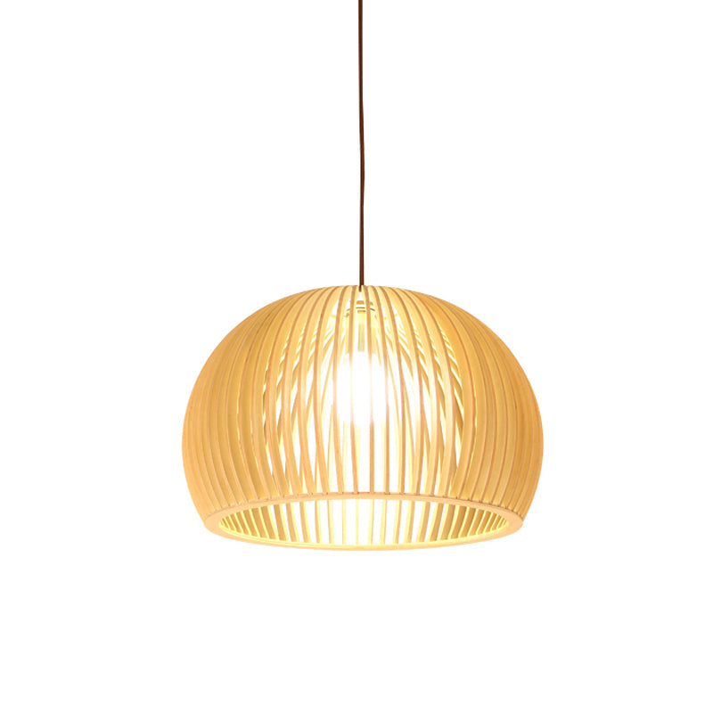 Lâmpada Suspensa Asiática de Bambu com Design Alargado/Hemisférico/Cebola 1 Luz Bege Pequena/Grande Luminária Suspensa para Sala de Jantar
