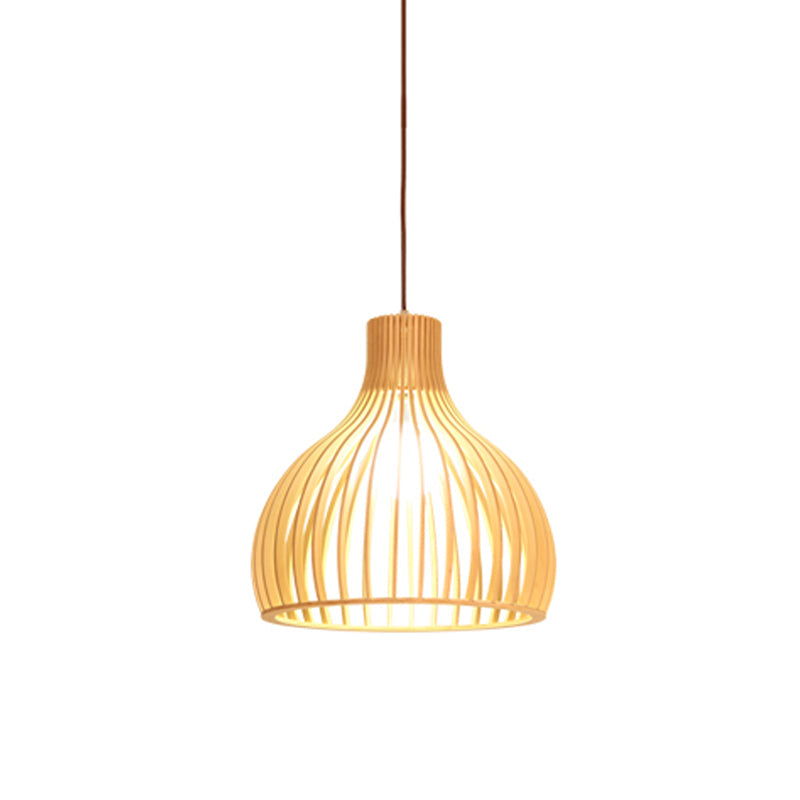 Lâmpada Suspensa Asiática de Bambu com Design Alargado/Hemisférico/Cebola 1 Luz Bege Pequena/Grande Luminária Suspensa para Sala de Jantar