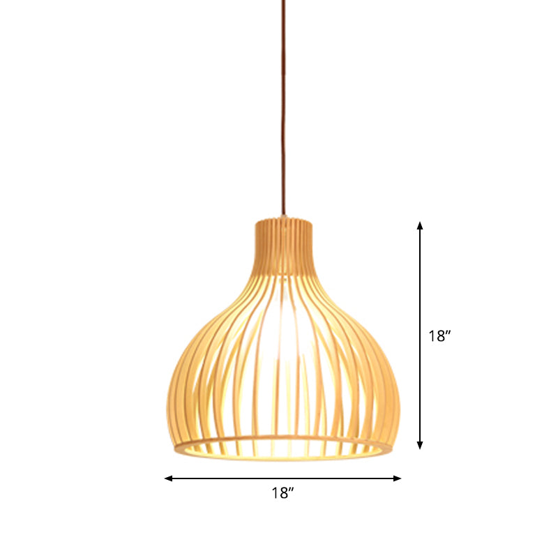 Lâmpada Suspensa Asiática de Bambu com Design Alargado/Hemisférico/Cebola 1 Luz Bege Pequena/Grande Luminária Suspensa para Sala de Jantar