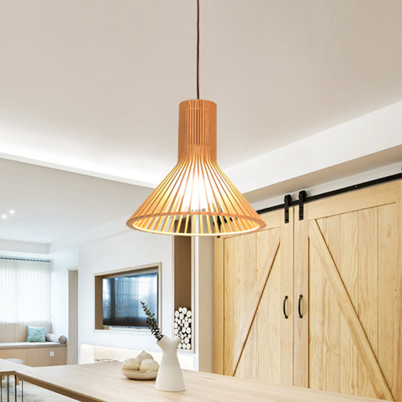 Lâmpada Suspensa Asiática de Bambu com Design Alargado/Hemisférico/Cebola 1 Luz Bege Pequena/Grande Luminária Suspensa para Sala de Jantar