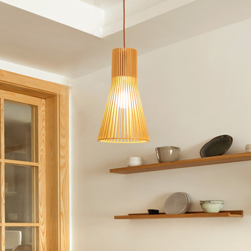 Lâmpada Suspensa Asiática de Bambu com Design Alargado/Hemisférico/Cebola 1 Luz Bege Pequena/Grande Luminária Suspensa para Sala de Jantar