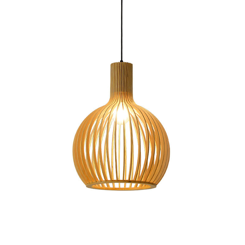 Lâmpada Suspensa Asiática de Bambu com Design Alargado/Hemisférico/Cebola 1 Luz Bege Pequena/Grande Luminária Suspensa para Sala de Jantar