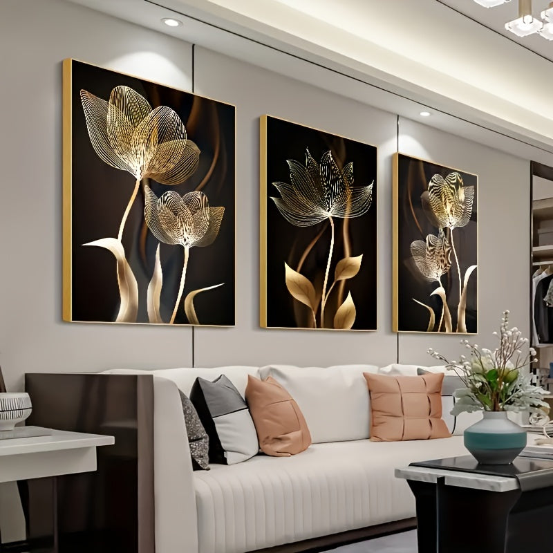 Pósters de Lienzo de Lujo de 3 Piezas - Obras de Arte de Flores Doradas, Decoración de Pared para Sala de Estar, Dormitorio, Oficina, Pasillo y Cocina, Sin Marco