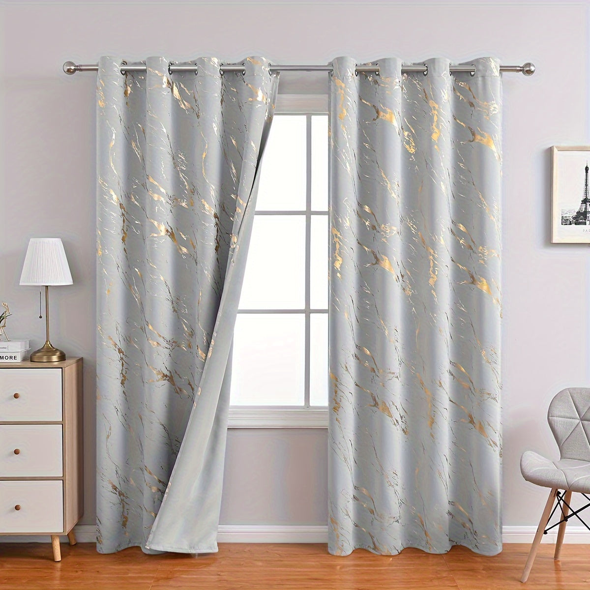 2 Pieces Bronzing Marble Print Blackout Curtains - Sunshade for Living Room and Bedroom