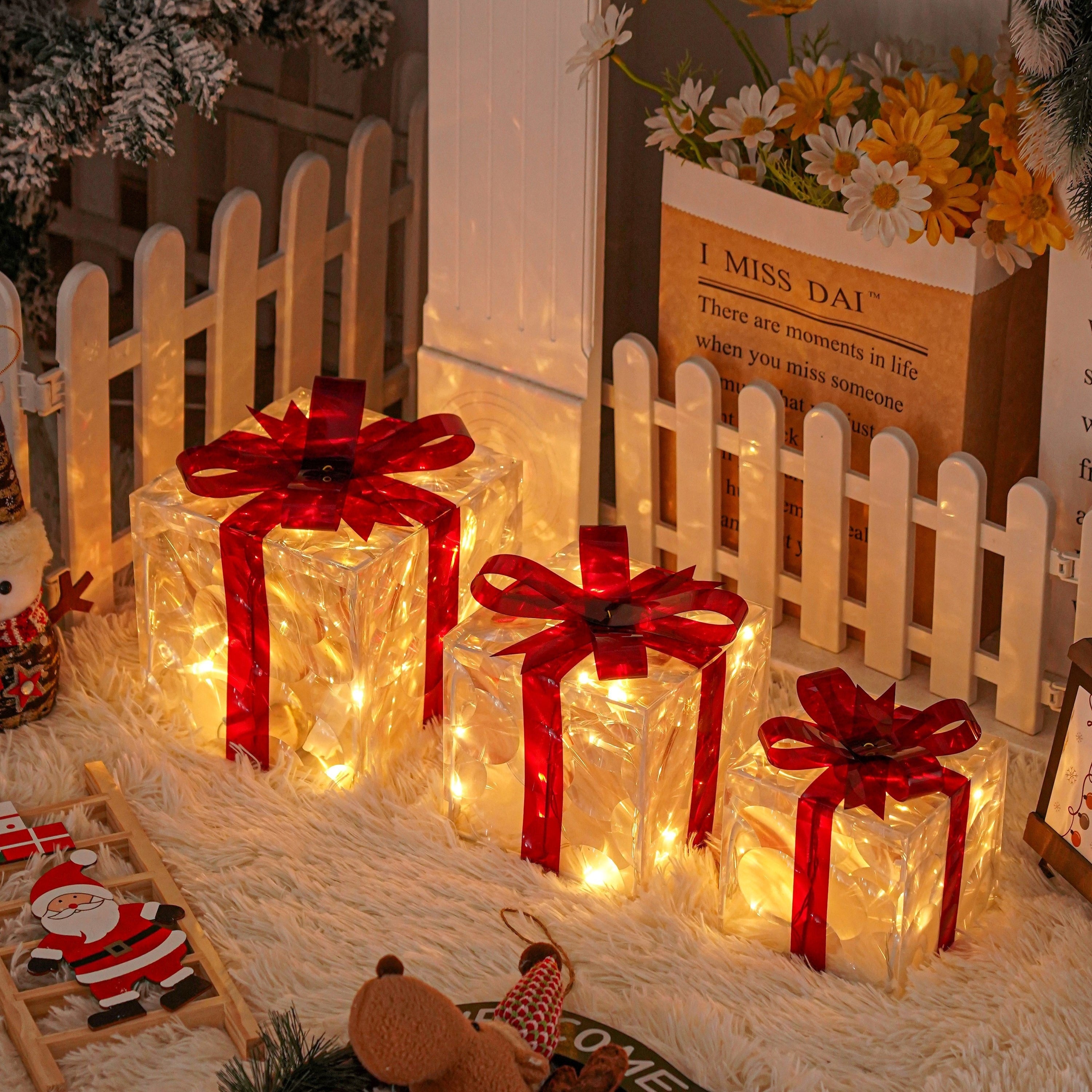 CadeauLicht - Set de 3 cajas de regalo navideñas iluminadas con lazo rojo