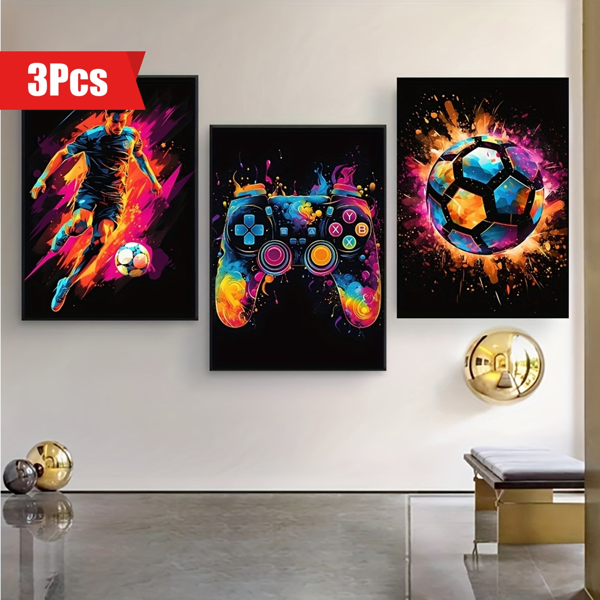 Conjunto de 3 Pósteres em Tela - Arte Moderna, Póster Abstrato de Futebol, Controlador de Jogo Decorativo com Explosão de Cores, Decoração de Parede sem Moldura