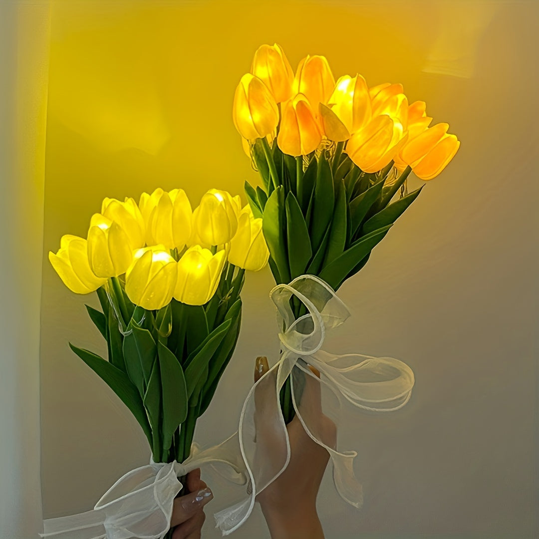 LumiBloom - 10 Pezzi Lampade LED a Tulipano, Bouquet Fatti a Mano Lampade da Tavolo, Perfette