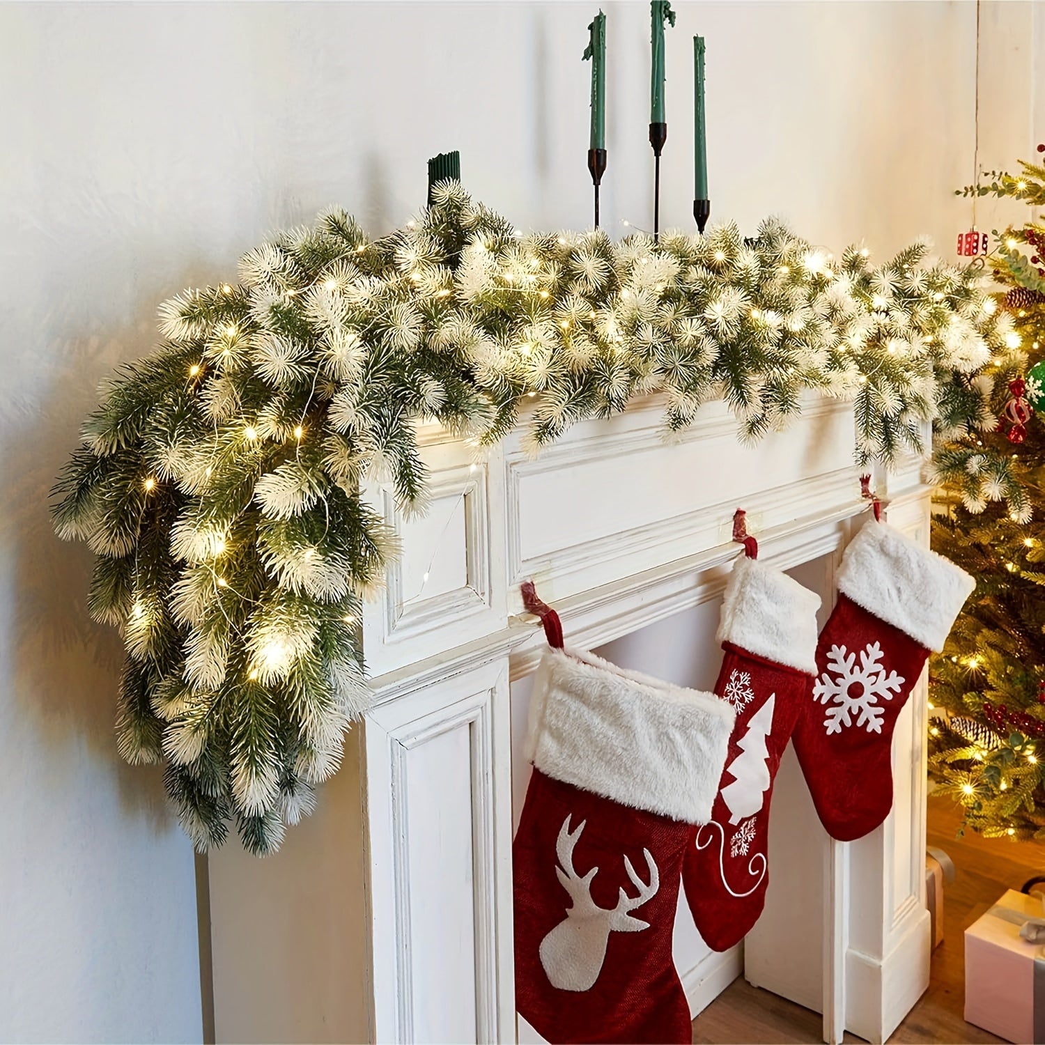 Holiday Garland - 195 cm Christmas Fir Garland with White Accents, Indoor/Outdoor Decoration