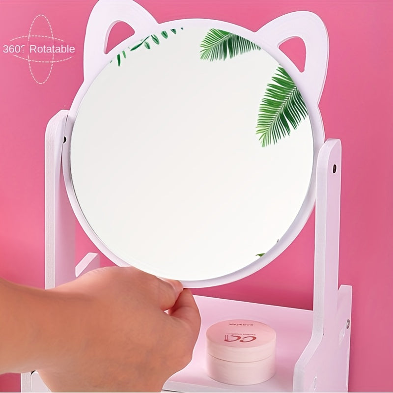 Make-up Spiegel met Lade – 360° Draaibaar, Cosmetica Opbergdoos Met Spiegel, Kattenoren Ontwerp