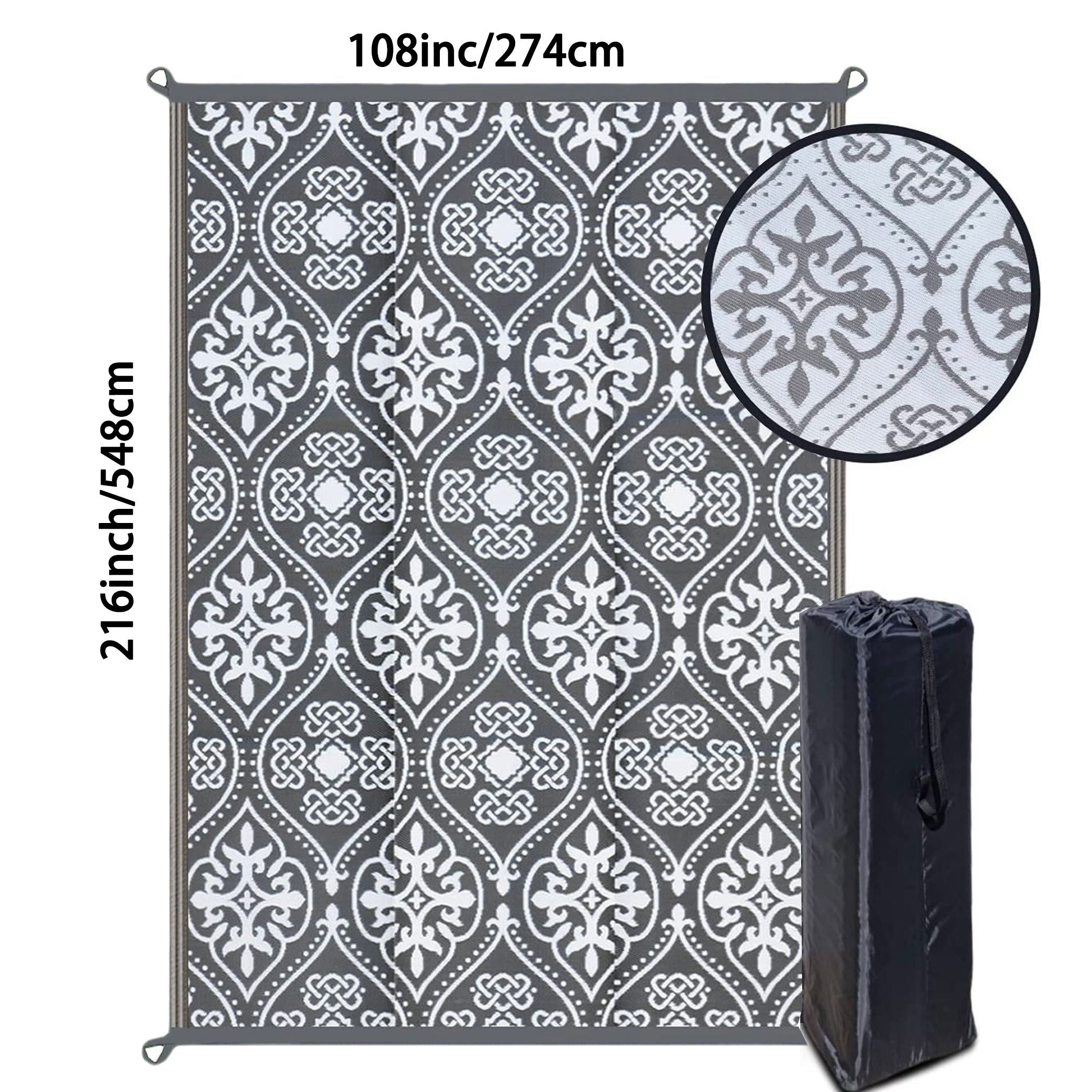 Tapete Exterior de Luxo Antiderrapante e Impermeável - 274x548cm - Tapete Reversível para Pátio, Acampamento, Praia, Plataforma, Jardim, Piquenique
