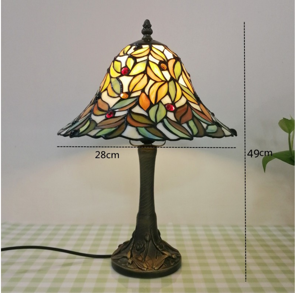 Lampada da tavolo Tiffany - Vetro antico dipinto a smalto con motivo a foglia verde