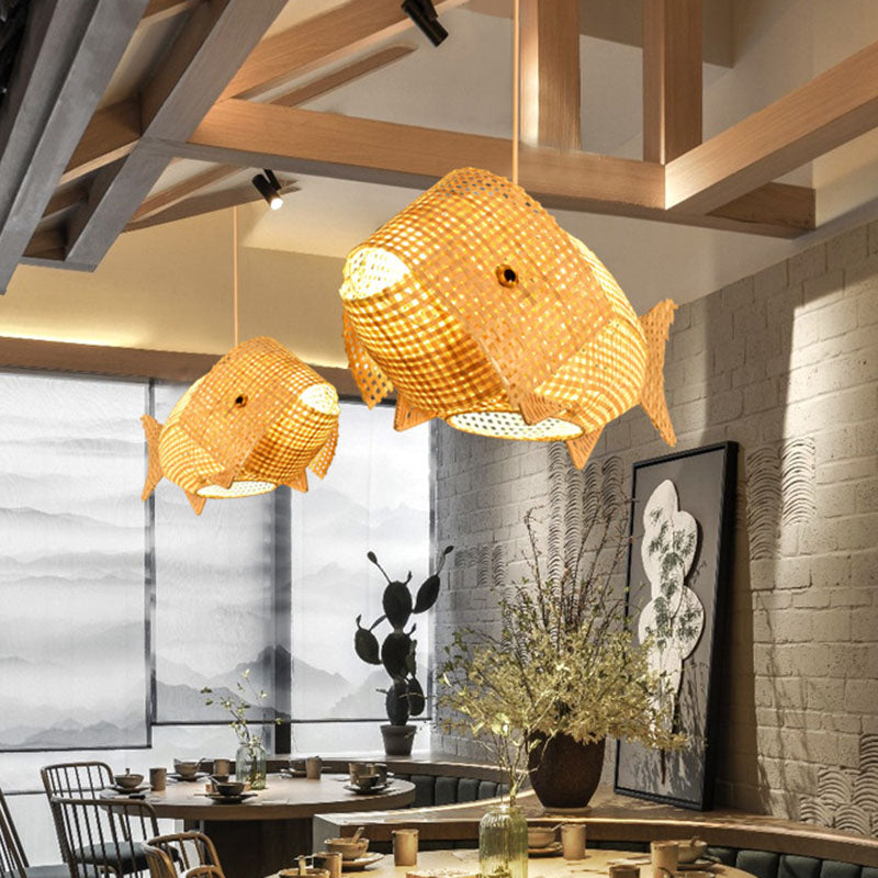 BambooFish - Lampada a sospensione in stile asiatico in legno