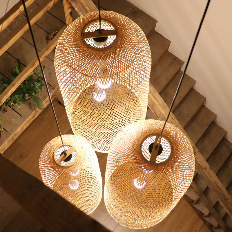 Lustre Suspenso Elegante em Bambu - Candeeiro de Madeira Asiático de 2 Lâmpadas para Sala de Estar