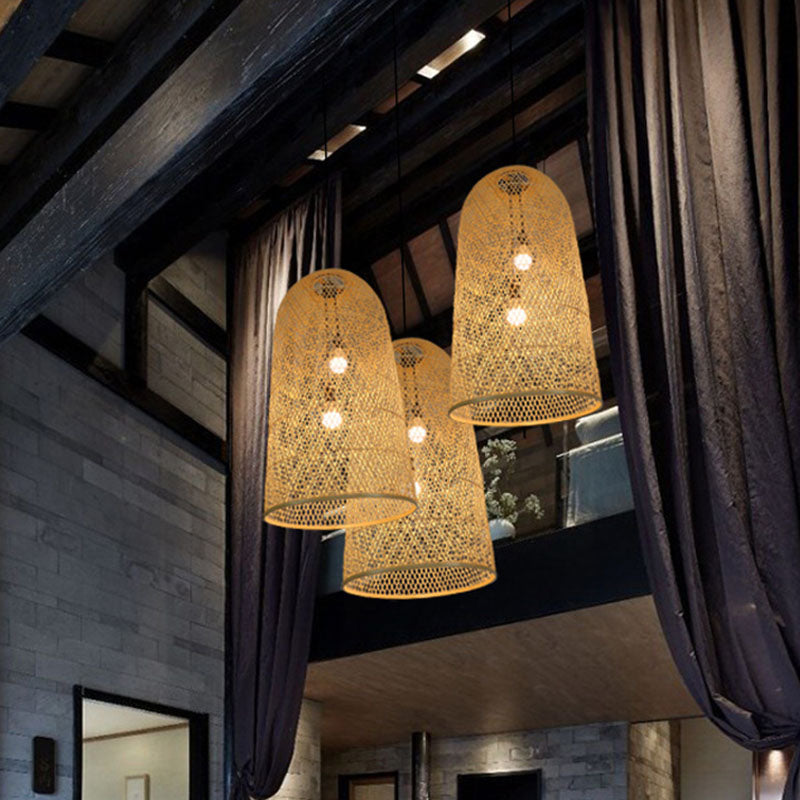 Lustre Suspenso Elegante em Bambu - Candeeiro de Madeira Asiático de 2 Lâmpadas para Sala de Estar
