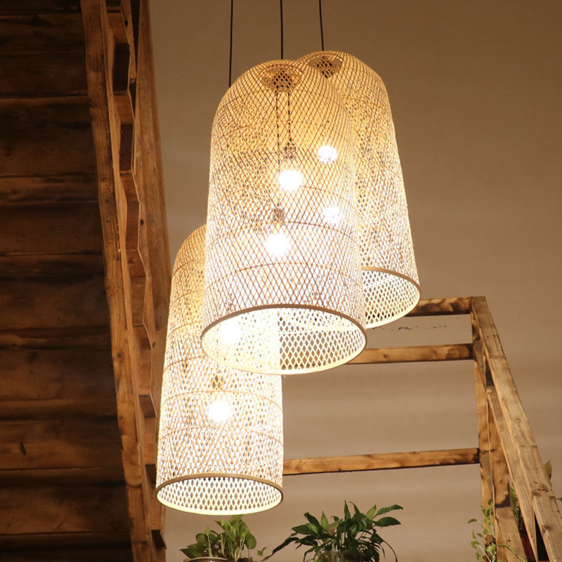 Elegante lampada a sospensione in bambù - Lampada a tre luci asiatica in legno per soggiorno