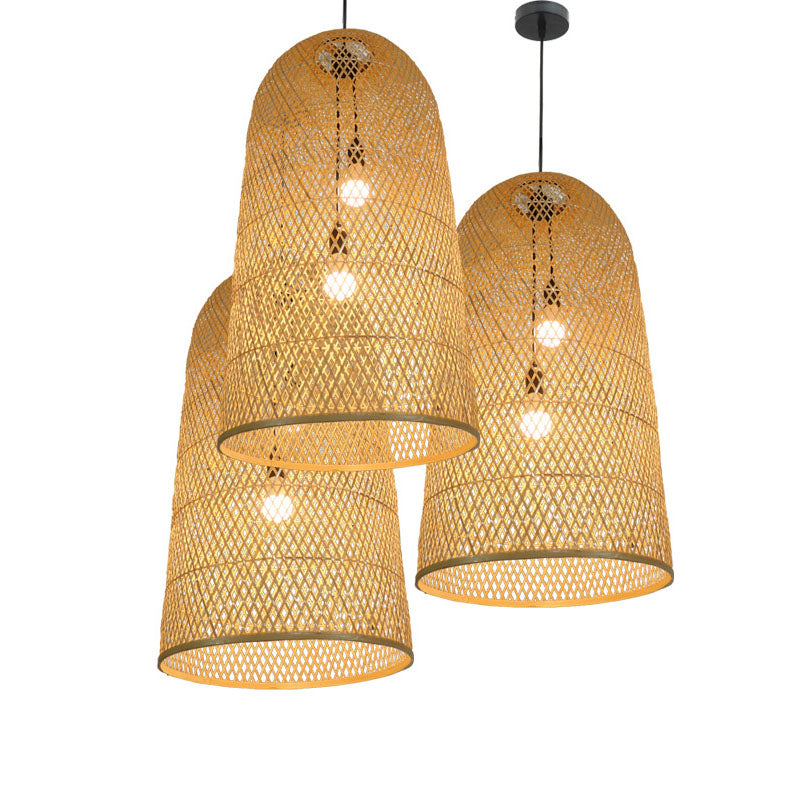Lustre Suspenso Elegante em Bambu - Candeeiro de Madeira Asiático de 2 Lâmpadas para Sala de Estar