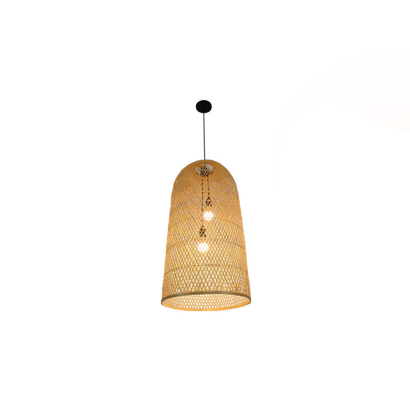 Lustre Suspenso Elegante em Bambu - Candeeiro de Madeira Asiático de 2 Lâmpadas para Sala de Estar