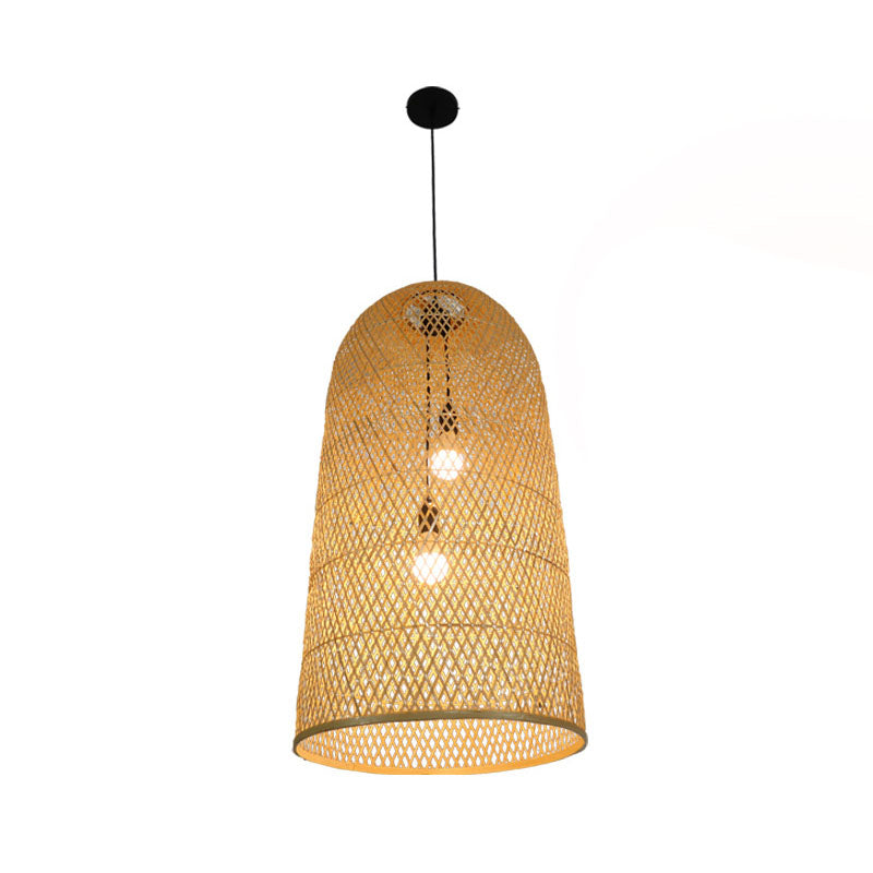Lustre Suspenso Elegante em Bambu - Candeeiro de Madeira Asiático de 2 Lâmpadas para Sala de Estar