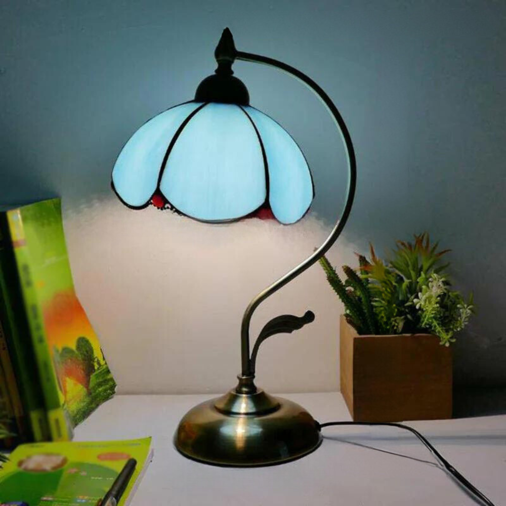 Lampada da tavolo Tiffany a collo d'oca - Lampada da comodino in metallo con paralume in vetro intagliato a mano