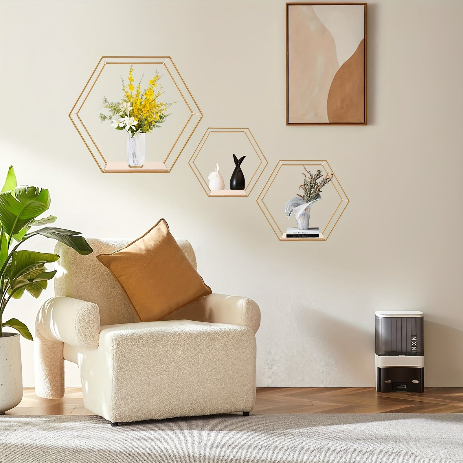 HexaDisplay - Set van 3 Vintage Zeshoekige Zwevende Planken met Massief Houten Basis