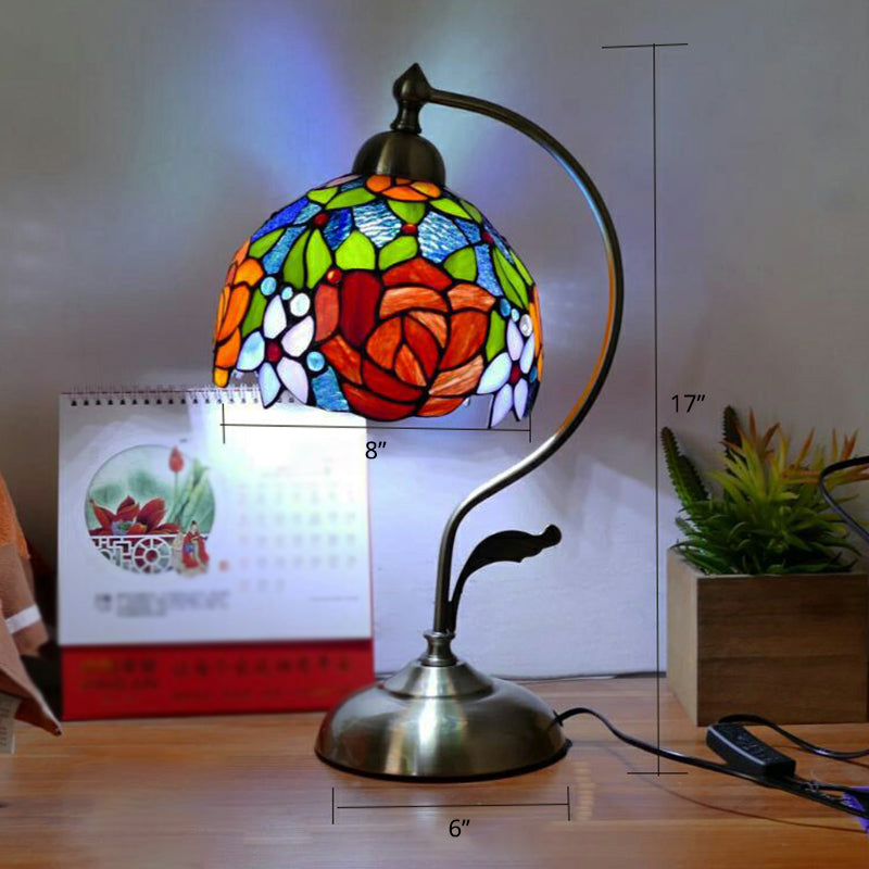 Lampada da tavolo Tiffany a collo d'oca - Lampada da comodino in metallo con paralume in vetro intagliato a mano