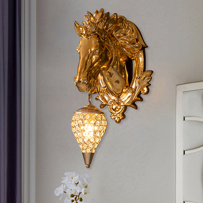 Aplique de Pared de Latón con Forma de Caballo - Lámpara de Varita Vintage con Sombra de Cristal
