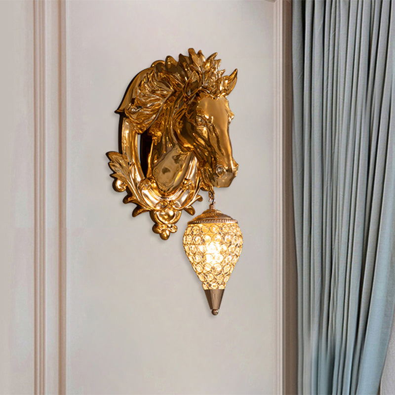 Aplique de Pared de Latón con Forma de Caballo - Lámpara de Varita Vintage con Sombra de Cristal