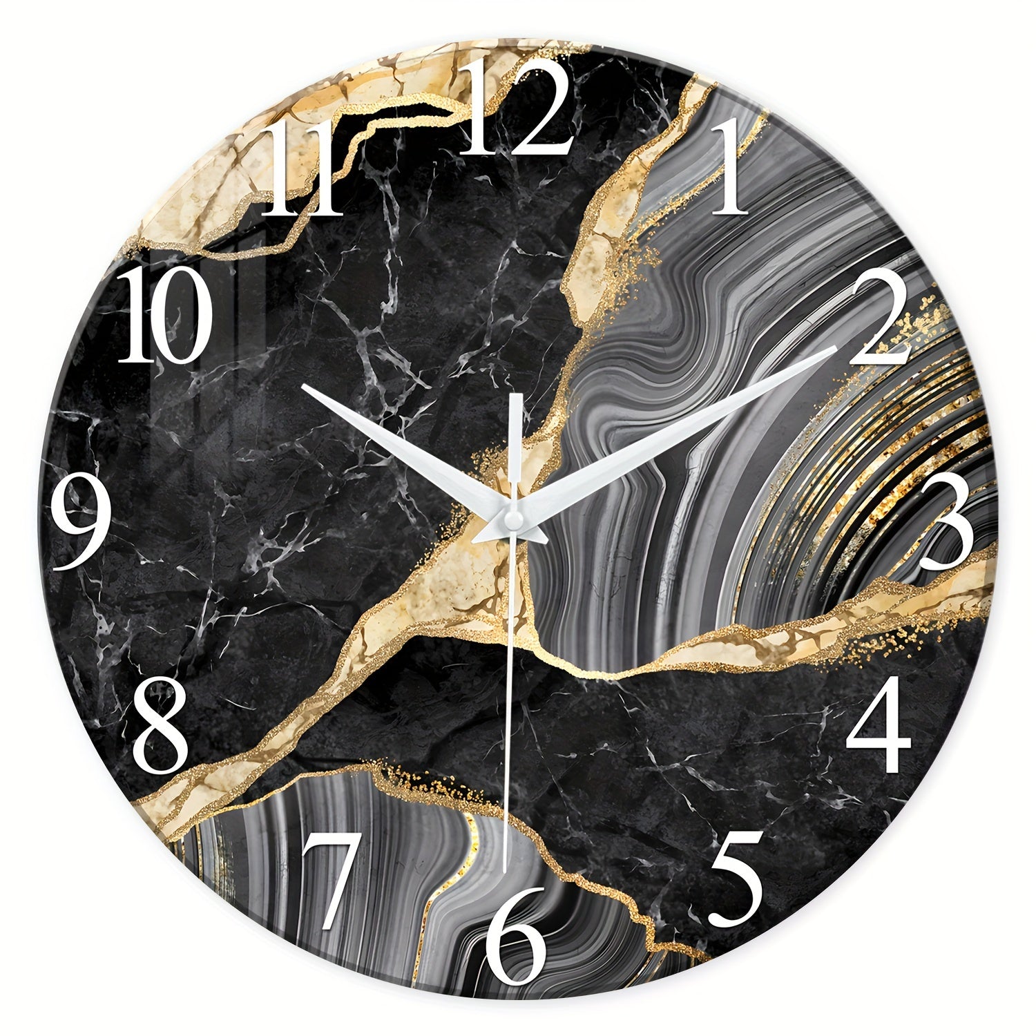 Reloj de pared moderno de vidrio de 12 pulgadas con patrón de mármol - Silencioso y alimentado por batería, perfecto para sala de estar y dormitorio (sin batería)