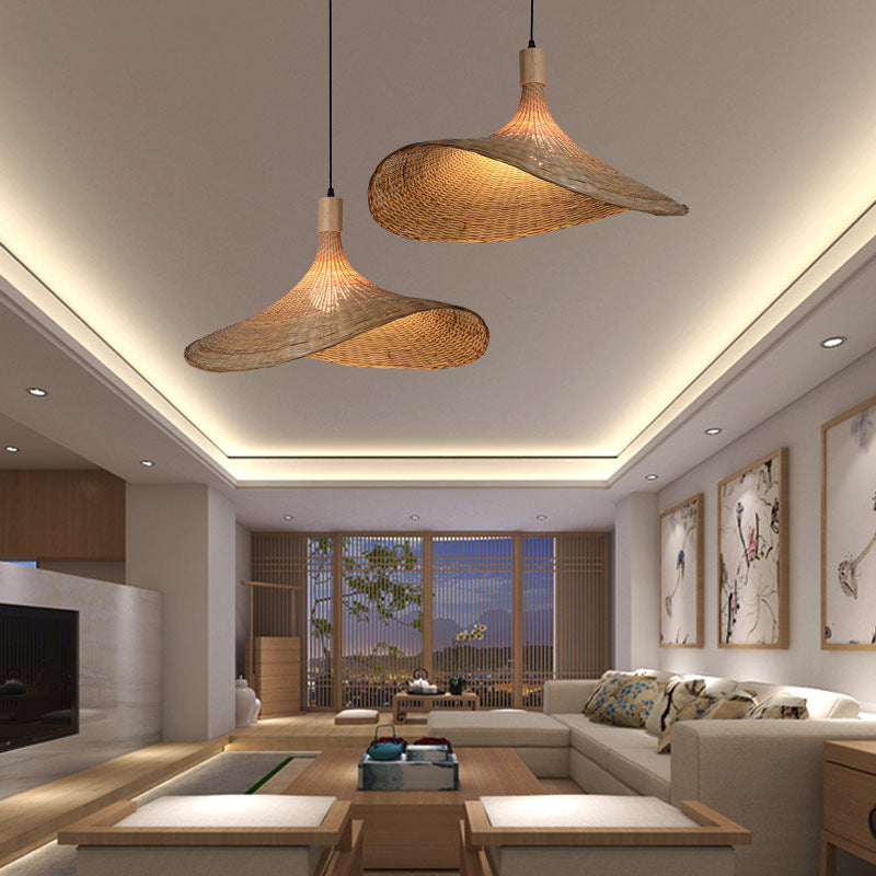 Kit di Lampada a Sospensione Beige in Rattan - Lampada da Soffitto a 1 Luce in Stile Asiatico per Tavolo da Pranzo