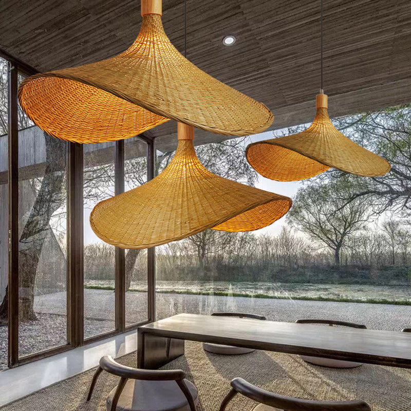 Kit di Lampada a Sospensione Beige in Rattan - Lampada da Soffitto a 1 Luce in Stile Asiatico per Tavolo da Pranzo