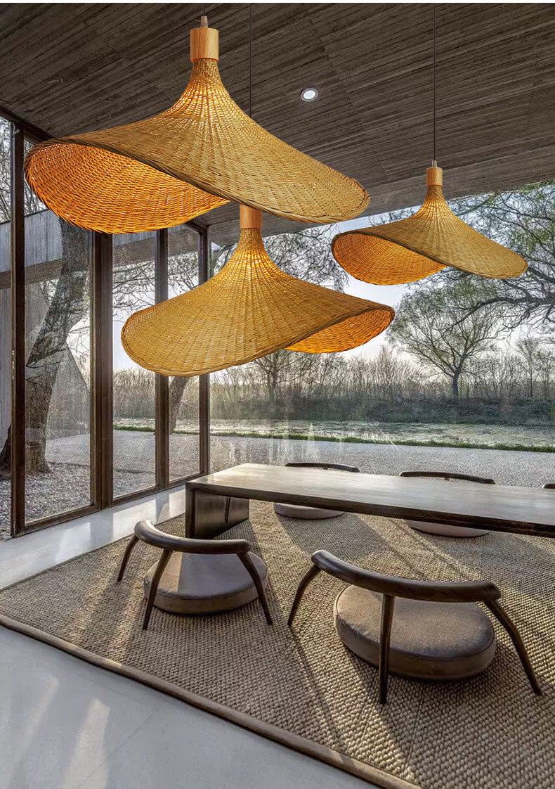 Kit di Lampada a Sospensione Beige in Rattan - Lampada da Soffitto a 1 Luce in Stile Asiatico per Tavolo da Pranzo