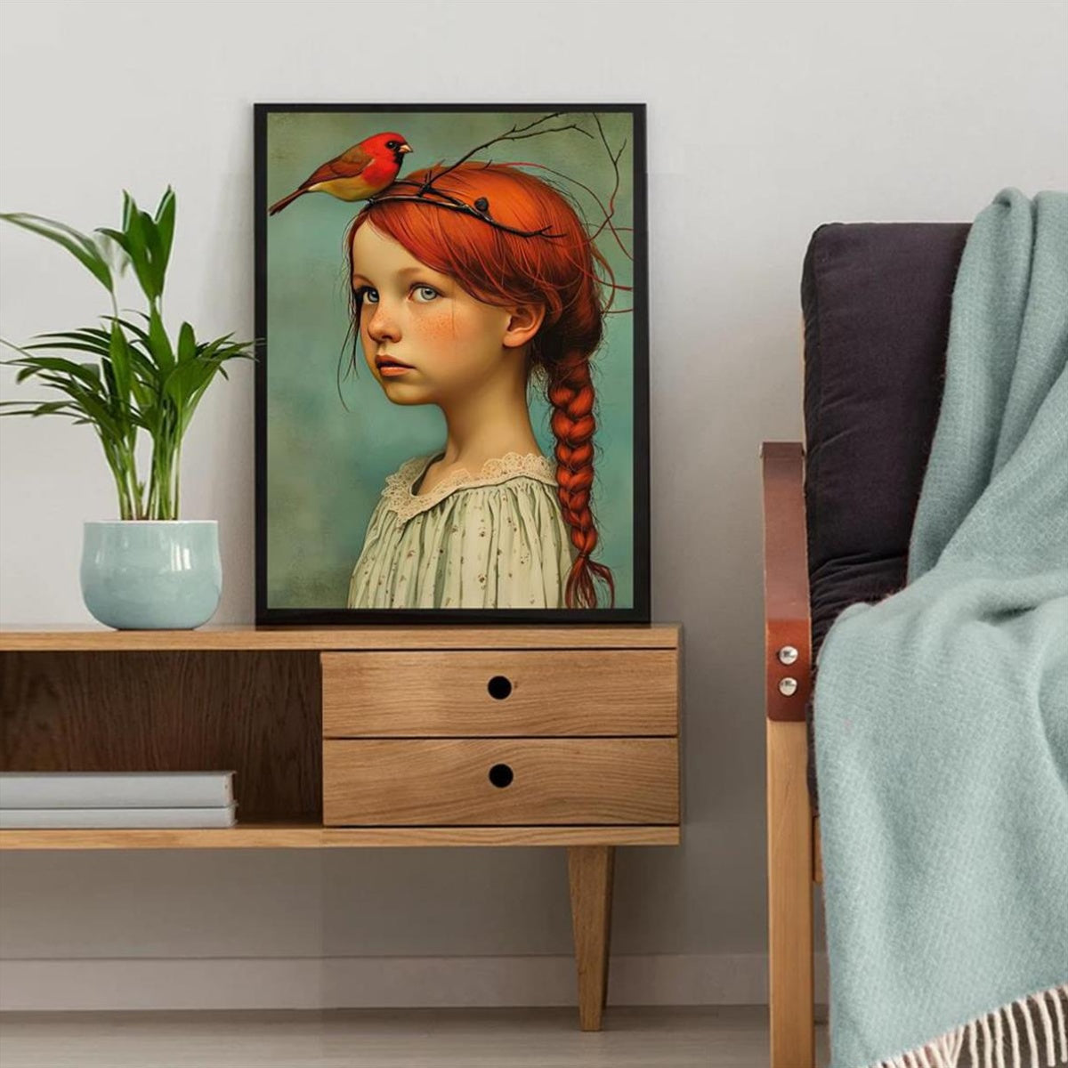 1-piece Art Deco Classic Modern Canvas Poster - Frameless Portrait of Girl and Cardinal, Wall Decoration for Home and Office Space