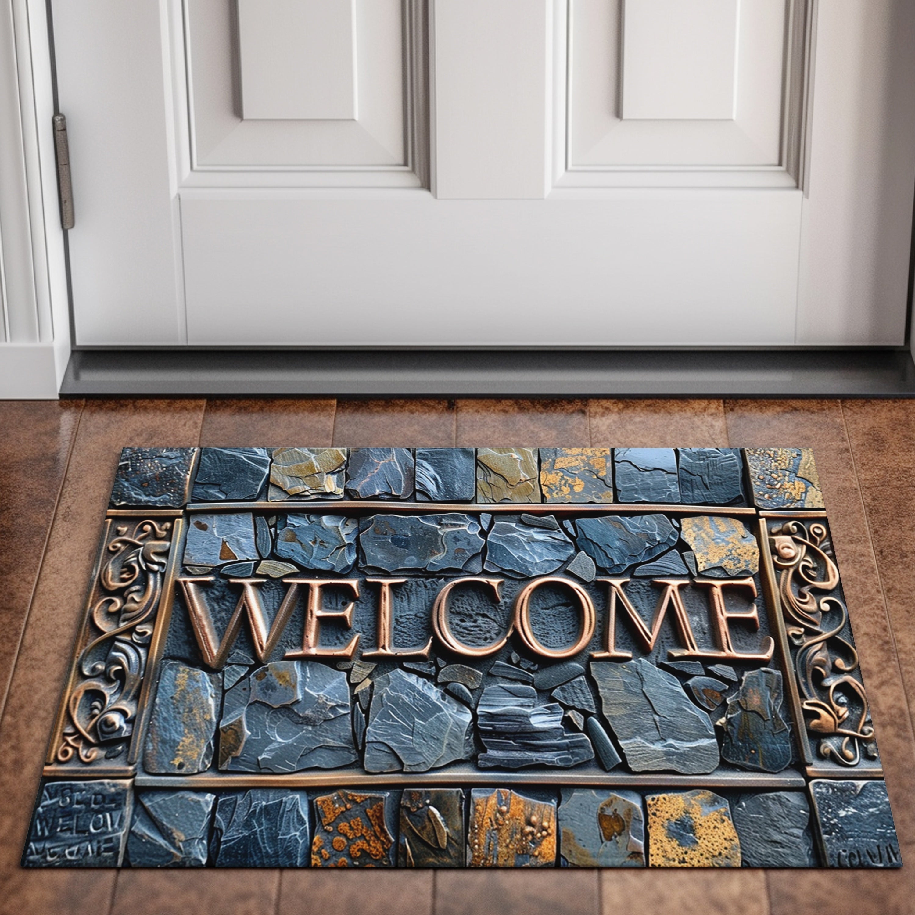 Welcome 3D Tappeto di Pietra – Antiscivolo, Impermeabile e Lavabile – Per Interni ed Esterni