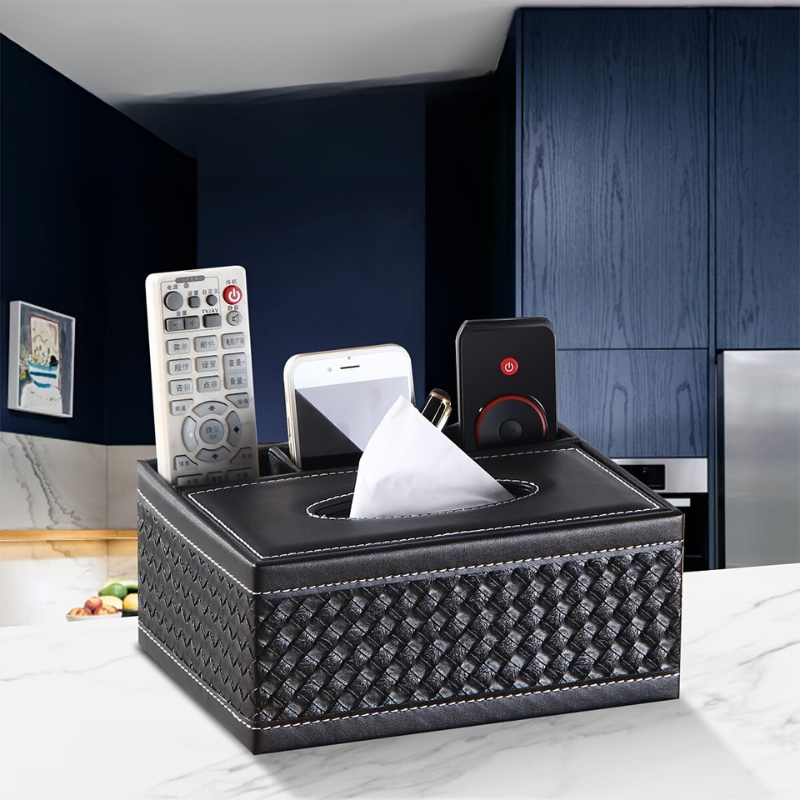 Caixa Multifuncional de Pele Sintética para Lenços e Arrumação – Quatro Compartimentos para Comando e Guardanapos