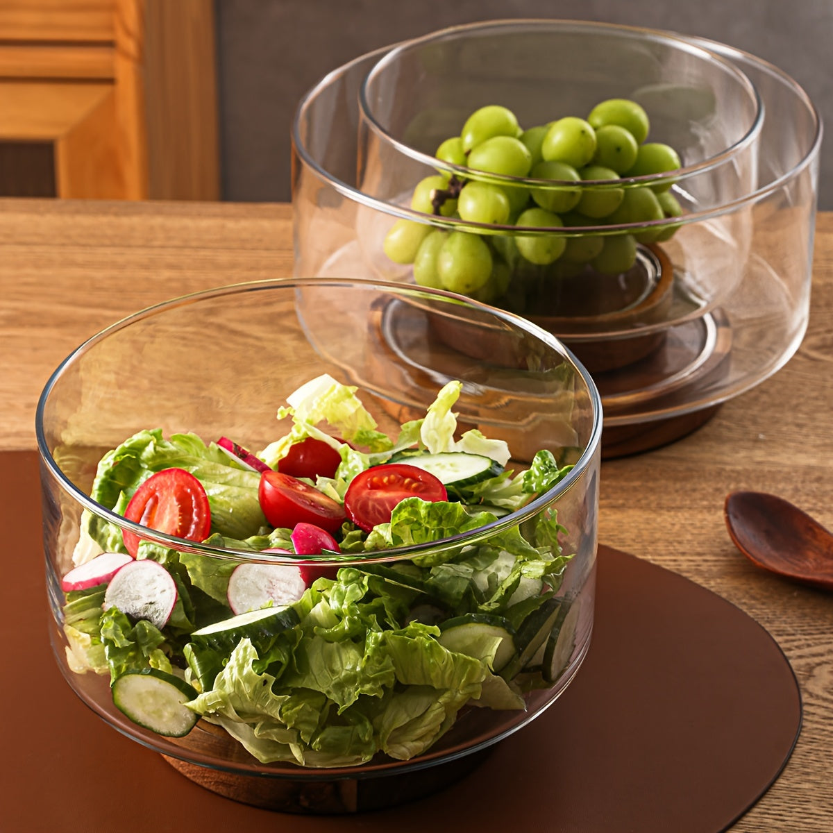 GlassServe Fruit Bowl - Glass Fruit Bowl with Wooden Base for Kitchen Table