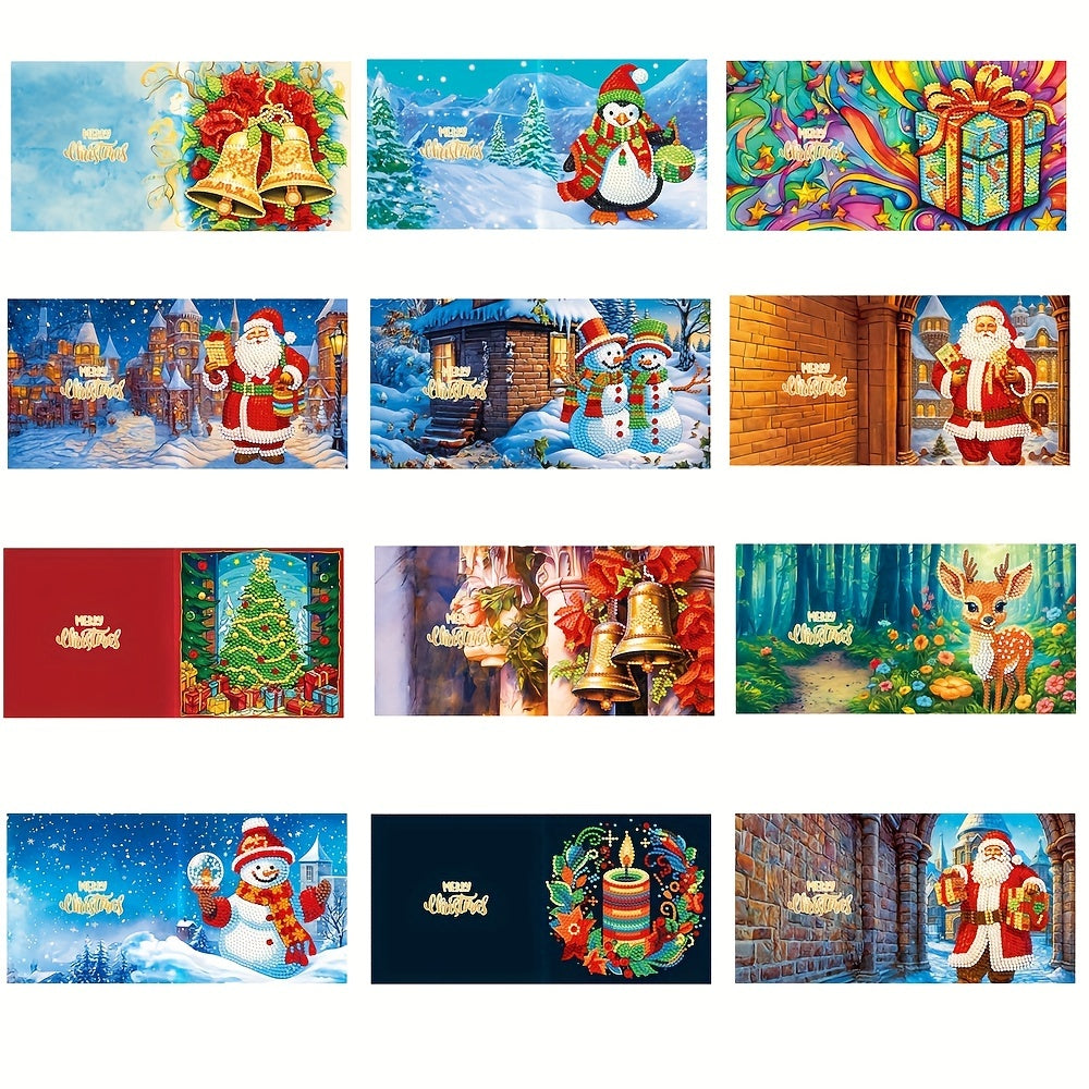 12pcs Diamond Painting Christmas Card - Mosaic Dot Diamond Santa Claus Painting, Handmade Christmas Gift