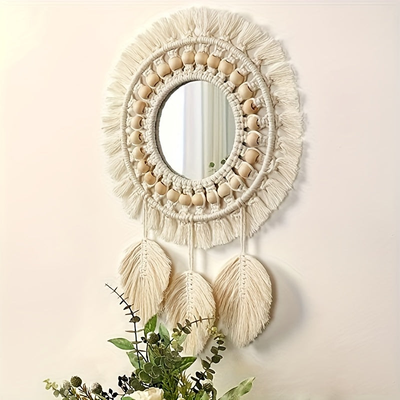 Boho Chic Handwoven Rattan Wall Mirrors with Leaf Tassels – Frameless and Polished Finish