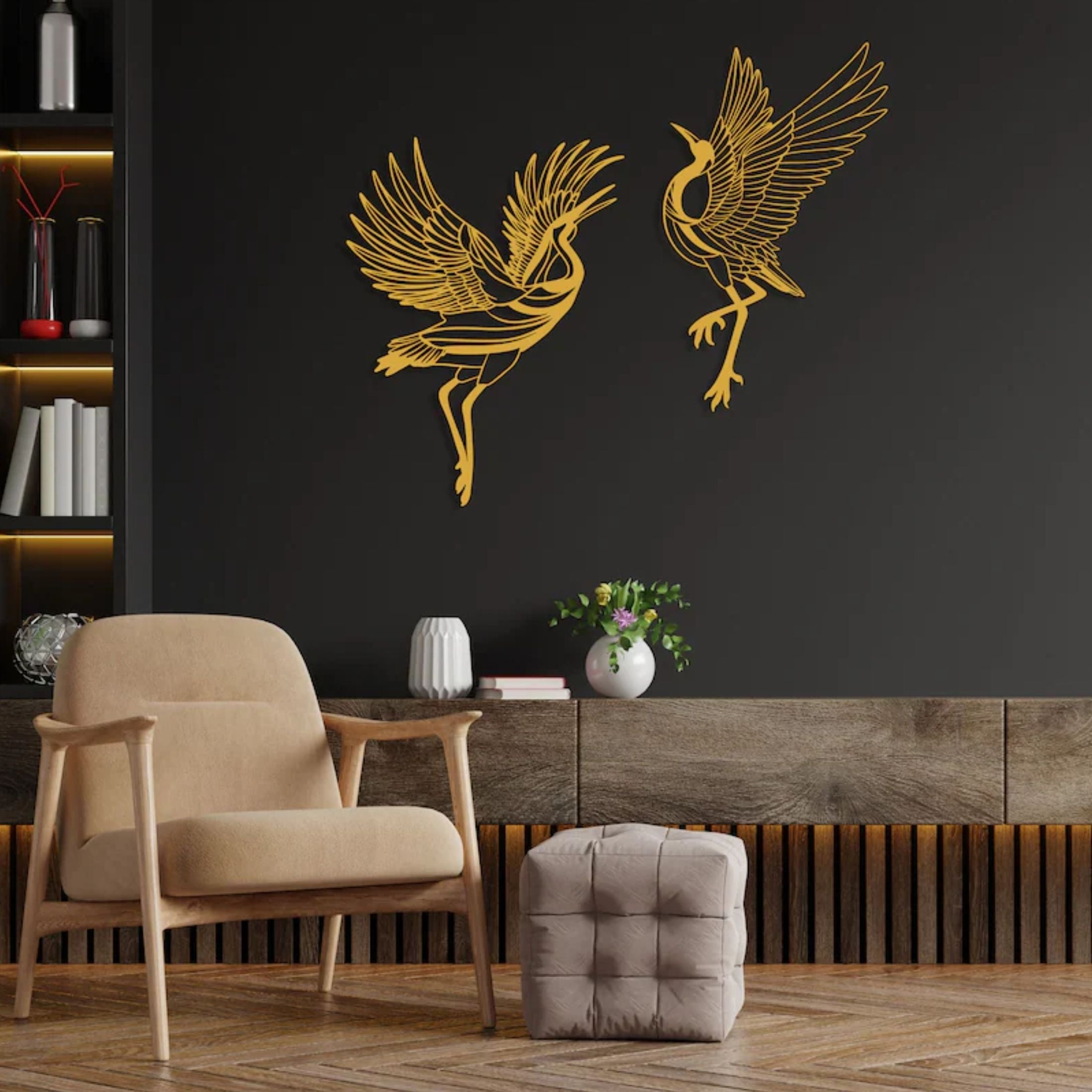 CraneArt - 2-piece Metal Crane Wall Art Set