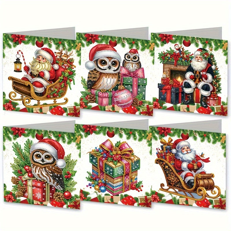 Conjunto de 6 Cartões de Pintura com Diamantes de Natal - Conjunto Festivo Feito à Mão com Motivos de Pai Natal, Coruja e Presentes para Votos de Natal, Forma Irregular de Diamante