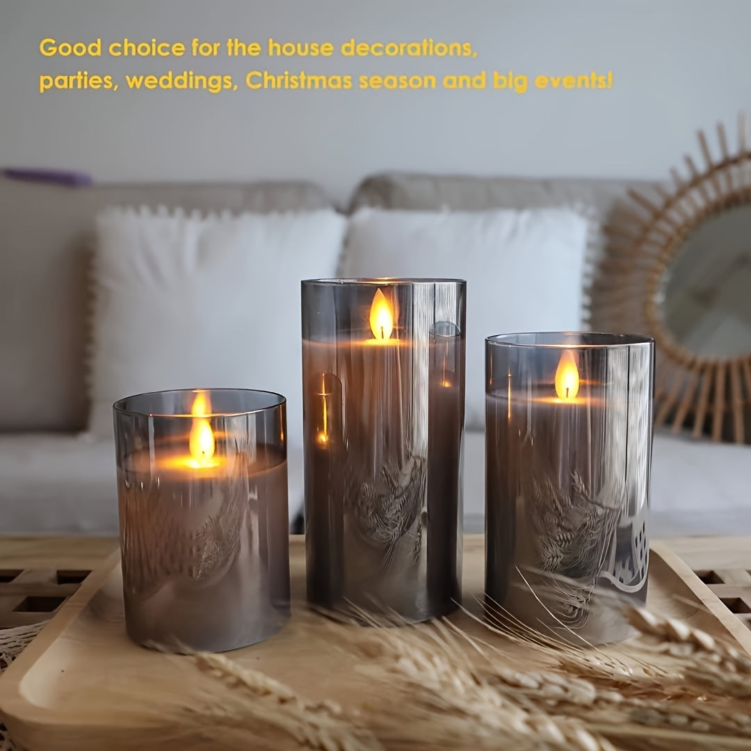 3pcs LED Fireless Candles, Battery Operated Flickering Pillar Candles, Real Wax Moving Flame Electric Candle Set, Gray Glass Effect with Remote Control Timer, 10.16 cm, 12.7 cm, 15.24 cm, 3 Gray Packaging