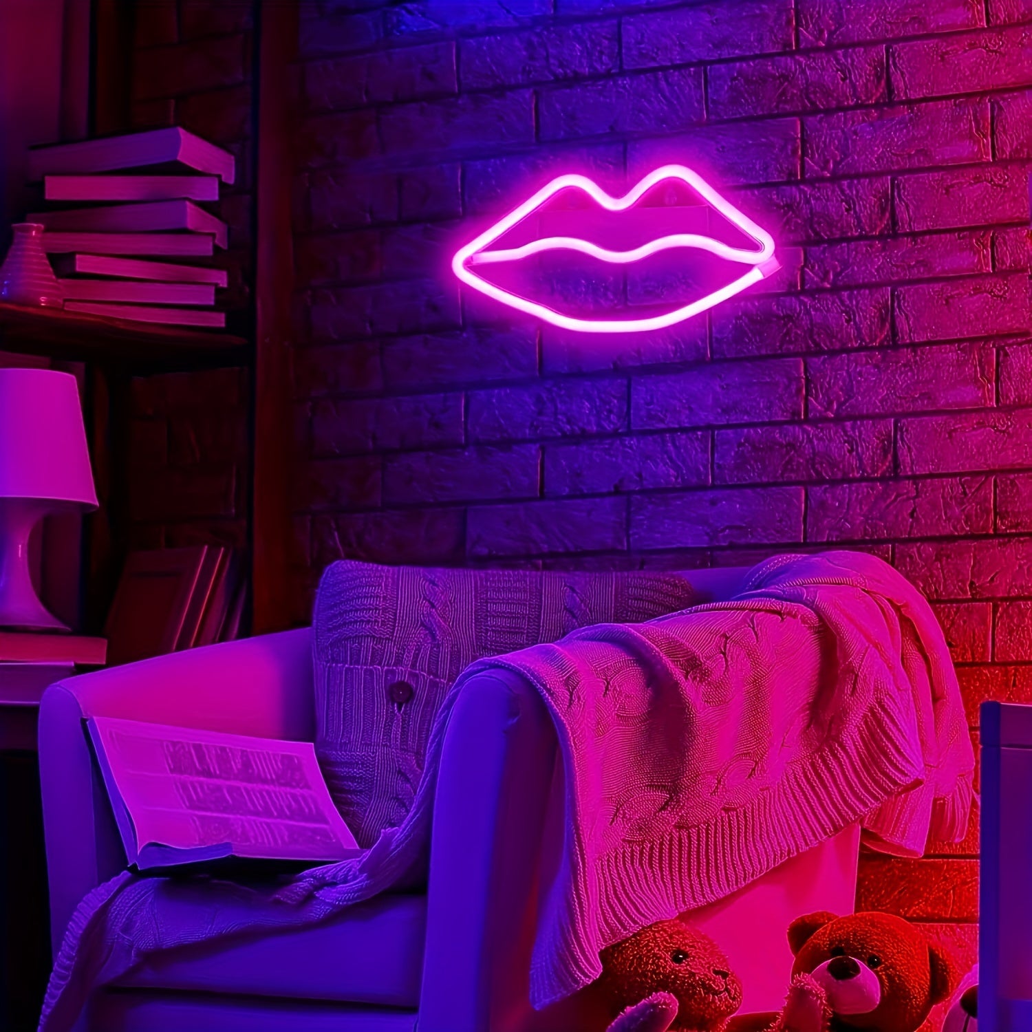 GlowLips - Lampada per labbra LED Neon Rosa, Alimentazione USB, Decorazione per San Valentino