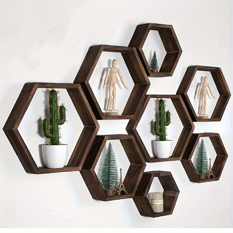 HexaWood - Set of 3 Hexagonal Wooden Floating Shelves for Living and Workspace