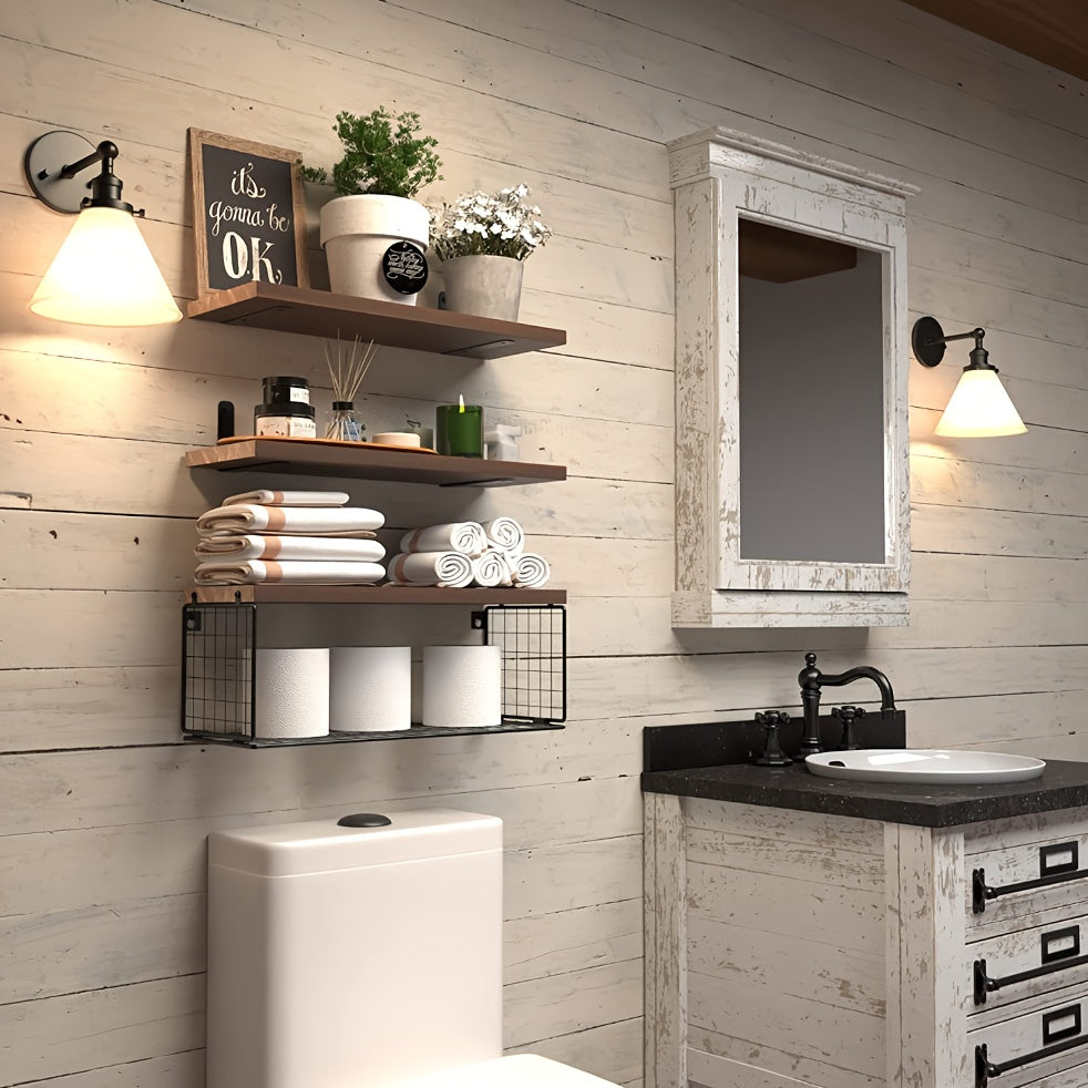 TowelShelf - 3 Pcs Wooden Floating Storage Rack - Wall-Mounted Bathroom Shelves