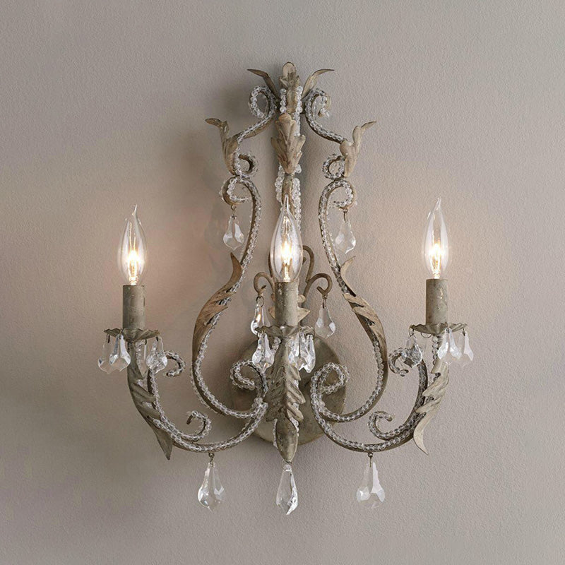 Candeeiro de Cristal - Candelabro Tradicional de Parede com 3 Braços em Cinzento/Marfim