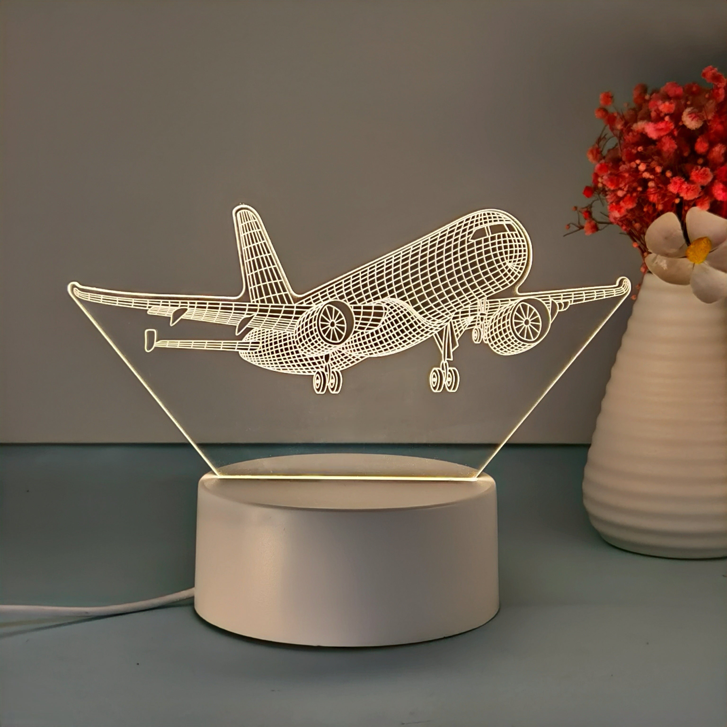 SkyGlow - Lampada Notturna Acrilica 3D Aereo con USB, Lampada da Tavolo LED