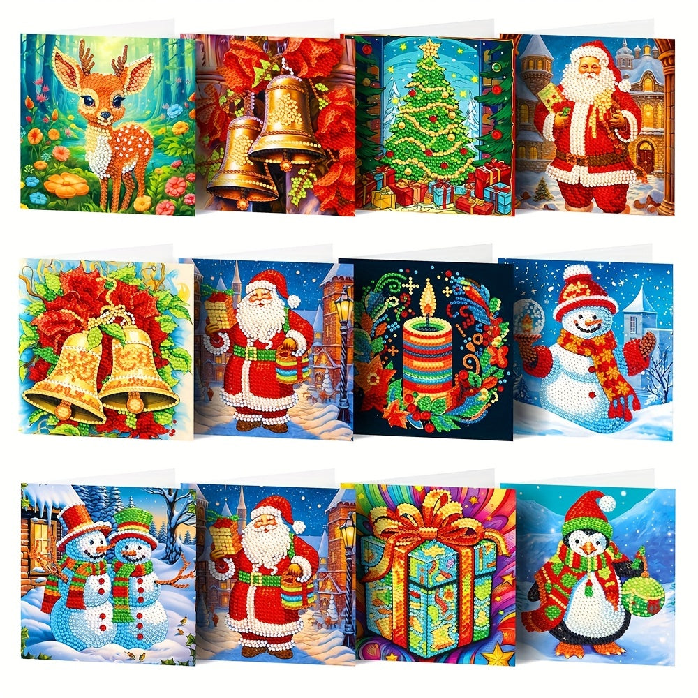 12 unidades Cartão de Natal com Pintura de Diamante - Mosaico de Pontos de Diamante do Pai Natal, Quadro, Presente de Natal Feito à Mão