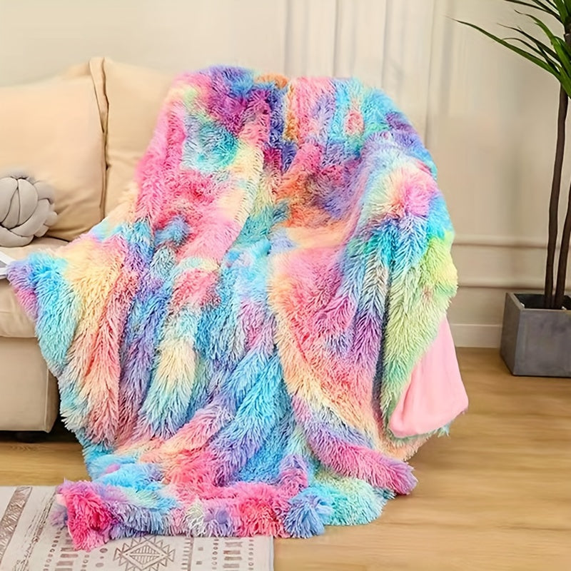Manta de piel sintética arcoíris colorida - Suave coralina de felpa acogedora, manta gruesa y cálida para sofá de invierno, estilo contemporáneo