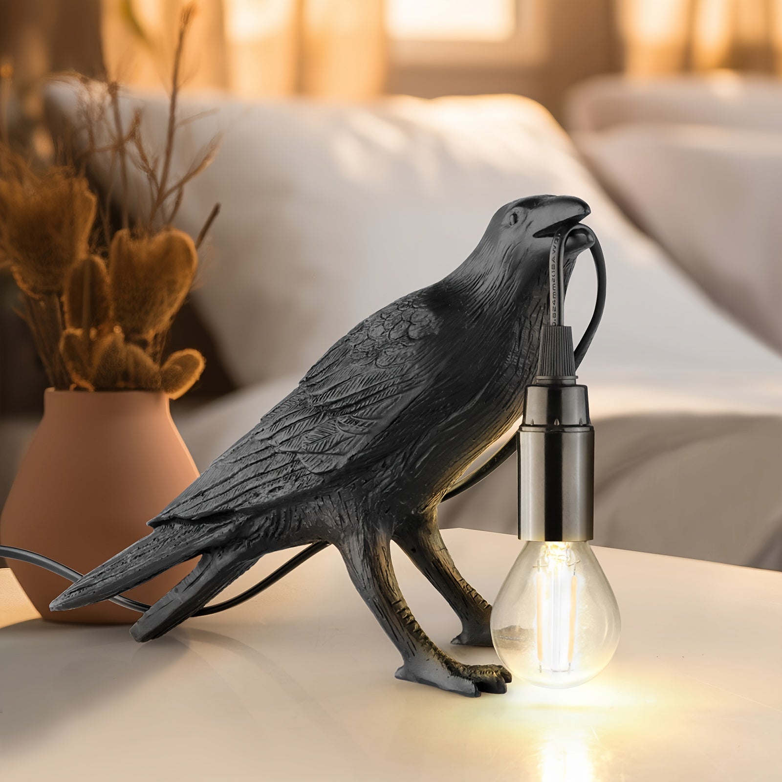 RavenLight - Black Raven Table Lamp, USB Powered, Resin Lamp for Living Room and Bedroom
