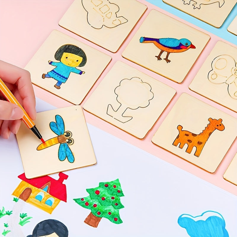 20-piece Montessori Drawing Toy Set - Wooden DIY Painting Stencils Educational Learning Toy